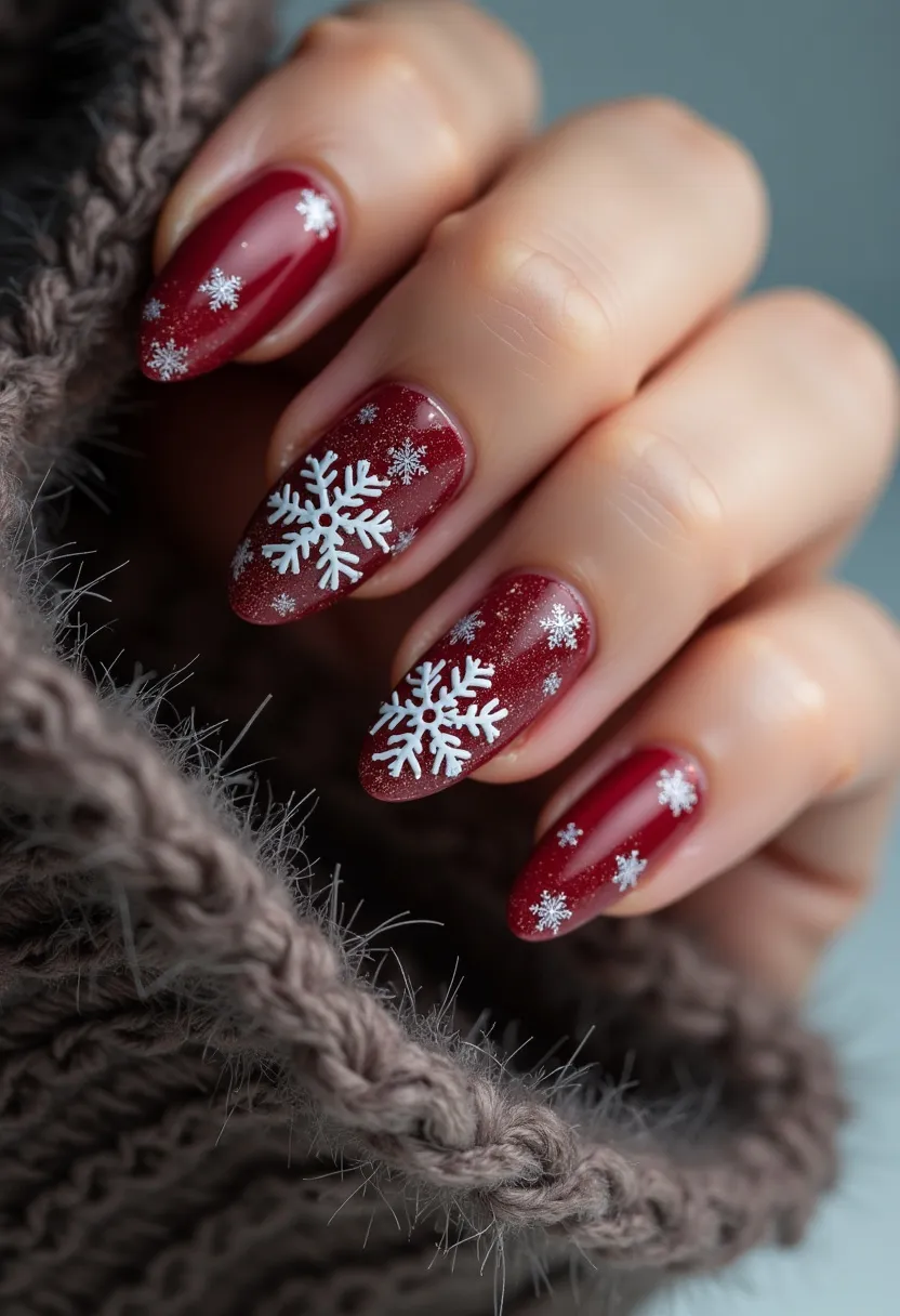 The  nail  design  features  a  red  and  white  color  palette,  with  white  snowflakes  painted  on  the  nails.  The  nails  are  long  and  have  a  square  shape.  The  nail  treatment  used  is  acrylic  nails,  which  are  known  for  their  durability  and  ability  to  hold  intricate  designs.  The  snowflake  pattern  adds  a  seasonal  and  festive  touch  to  the  nails,  making  them  suitable  for  winter  or  holiday  occasions.