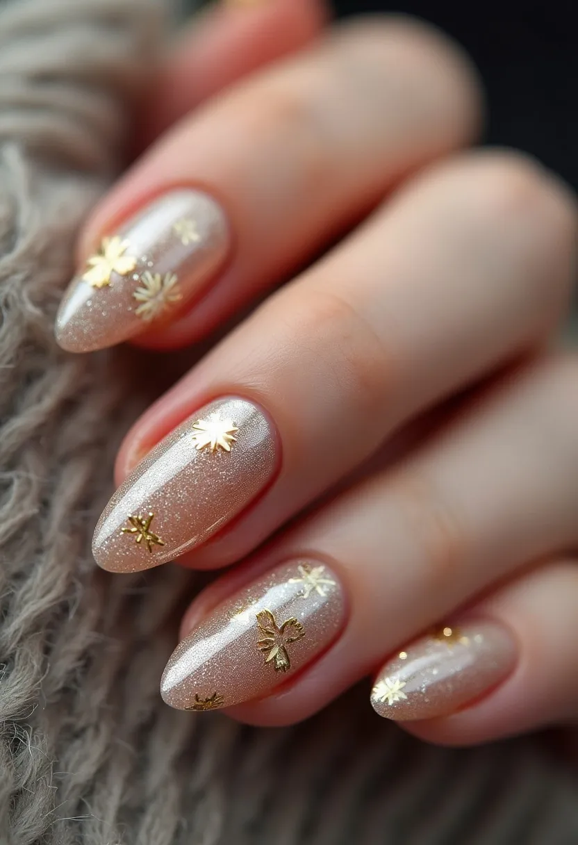 The  nail  design  features  a  pale  pink  nail  color  with  gold  accents,  including  gold  stars  and  gold  butterflies.  The  nails  are  shaped  in  a  natural,  almond  shape.  The  nail  treatment  appears  to  be  a  gel  or  acrylic  application,  as  it  is  smooth  and  well-defined.  The  intricate  patterns  and  decorations  on  the  nails  suggest  a  special  occasion  or  a  seasonal  theme,  possibly  related  to  spring  or  summer.