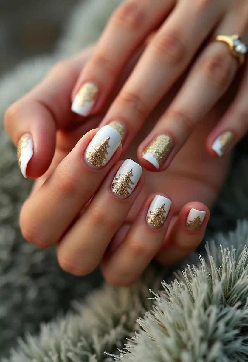 The  nail  design  features  a  white  base  with  gold  accents.  The  nails  are  shaped  in  a  square  shape,  and  there  are  gold  trees  painted  on  them.  The  nail  treatment  appears  to  be  a  gel  or  acrylic,  as  it  is  well-defined  and  has  a  smooth  finish.  The  design  is  likely  inspired  by  the  Christmas  season,  as  the  gold  trees  are  a  common  decorative  element  during  the  holiday  season.