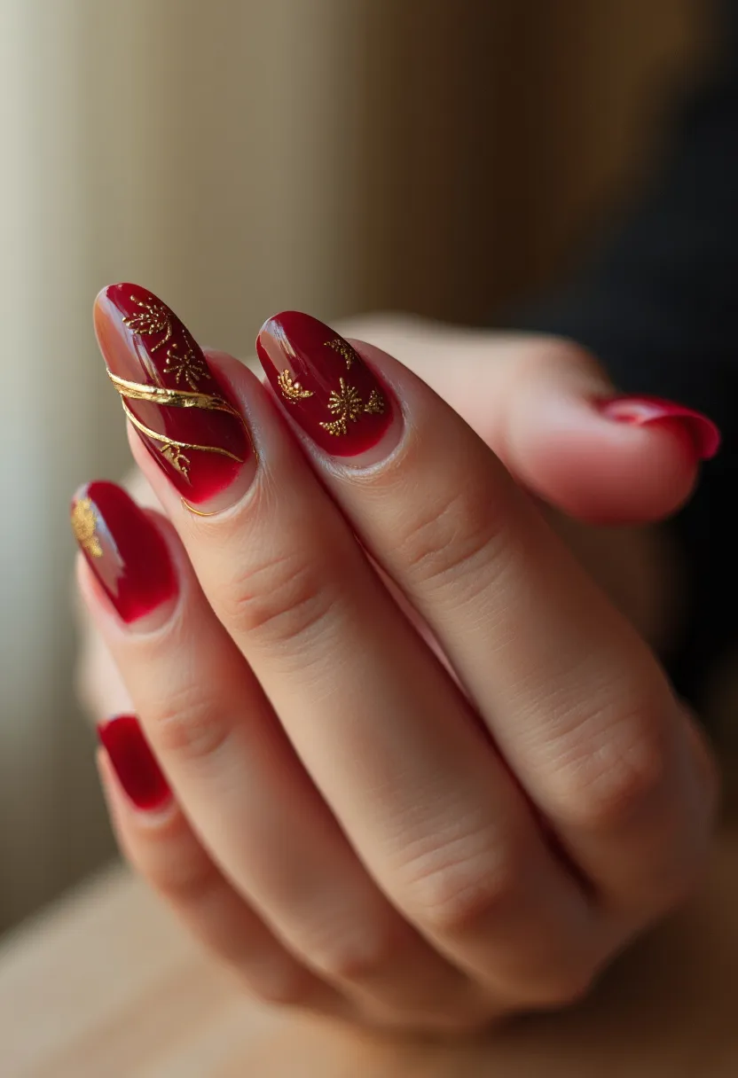 The  nail  design  features  a  red  base  color  with  gold  accents.  The  nails  are  shaped  in  a  square  shape,  and  the  nail  polish  is  applied  in  a  diagonal  pattern.  The  nail  treatment  appears  to  be  acrylic,  as  it  has  a  thick  and  glossy  finish.  The  design  is  unique  and  eye-catching,  making  it  a  great  choice  for  a  special  occasion  or  a  fashionable  statement.