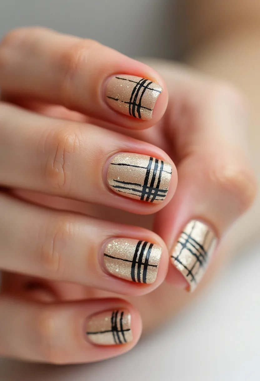 The  nail  design  features  a  gold  and  black  color  palette,  with  gold  stripes  on  the  nails.  The  nails  are  shaped  in  a  square  shape,  giving  them  a  unique  and  stylish  appearance.  The  nail  treatment  appears  to  be  a  gold  nail  polish,  which  adds  a  touch  of  luxury  and  sophistication  to  the  overall  look.  The  design showcases  a  fashionable  and  eye-catching  manicure.