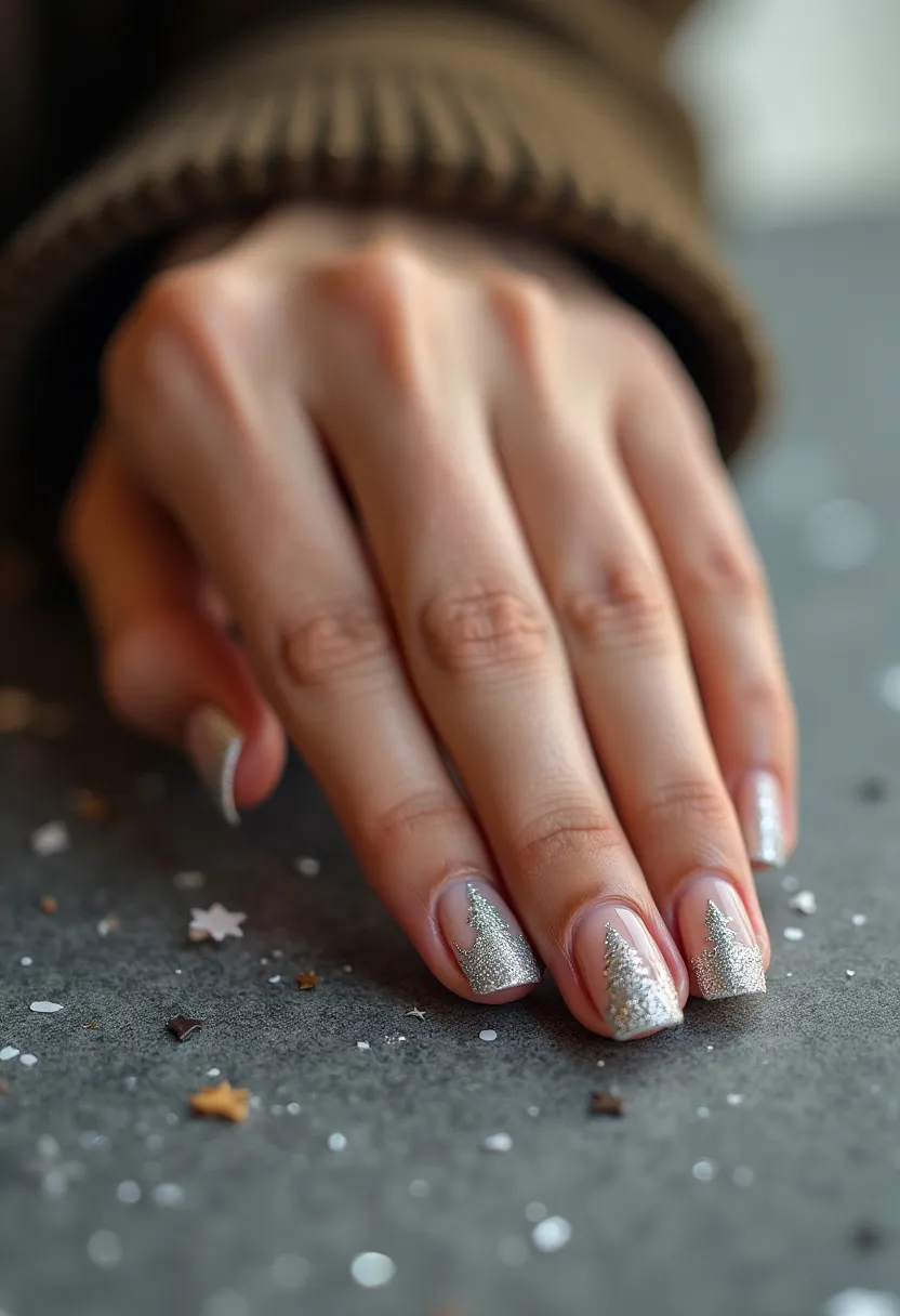 The  woman  in  the  image  has  her  nails  painted  with  a  silver  and  gold  color  palette,  giving  them  a  metallic  appearance.  The  nails  are  shaped  in  a  short,  rounded  style,  and  the  design  features  a  glittery  finish.  The  nail  treatment  used  is  likely  a  gel  or  acrylic,  as  these  are  commonly  used  for  creating  intricate  and  eye-catching  designs  like  this  one.  The the  glittery  finish  and  metallic  colors  suggest  that  it  could  be  suitable  for  a  festive  or  celebratory  event.