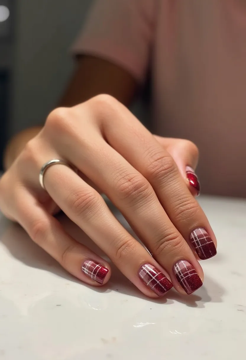 The nail design showcases a palette primarily composed of deep red and maroon hues with a glittery finish, ideal for the fall or winter seasons. The nails are medium-length and sport a square shape. The design features a plaid pattern, with white lines crossing vertically and horizontally, adding a festive and cozy touch. The nails appear to have been treated with gel polish, providing a glossy and durable finish. The intricate plaid pattern gives a sophisticated and stylish appearance, making it suitable for both everyday wear and special occasions such as holiday gatherings.