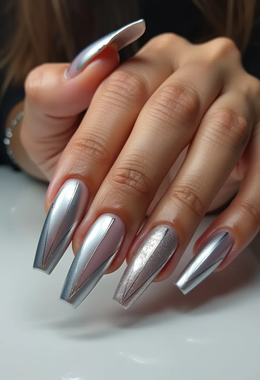 The nail design presented features a sophisticated and striking palette primarily composed of metallic silver and soft pink hues. The nails are almond-shaped, adding an elegant touch to the overall look. Each nail showcases an intricate pattern where the metallic silver forms a triangular design that narrows down towards the tip, creating a modern and edgy aesthetic. One nail has a slightly different texture, incorporating a shimmering, glittery silver accent that stands out amid the sleek metallic finish. The type of nail treatment appears to be a combination of gel and acrylic, providing a smooth, glossy surface and durability. The design does not explicitly adhere to any specific seasonal theme, making it versatile and suitable for various special occasions, such as formal events or chic gatherings.