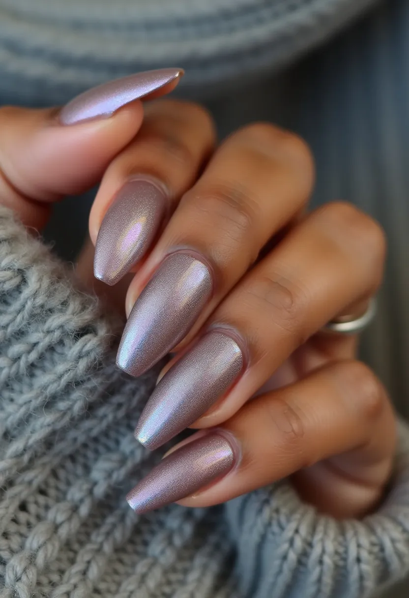 The nail design features an elegant color palette with a striking metallic, iridescent silver hue that exudes sophistication. The nails are shaped into a sleek and pointed almond style, accentuating the fingers' natural length and adding an element of boldness. The finish appears to be a high-shine gel treatment, contributing to the overall glossy and mirror-like effect. This design does not incorporate any additional intricate patterns, embellishments, or ornaments, focusing instead on the reflective quality of the color. The shimmering, metallic look is ideal for various seasonal themes, particularly in winter or festive occasions, as it channels an icy and glamorous aesthetic.