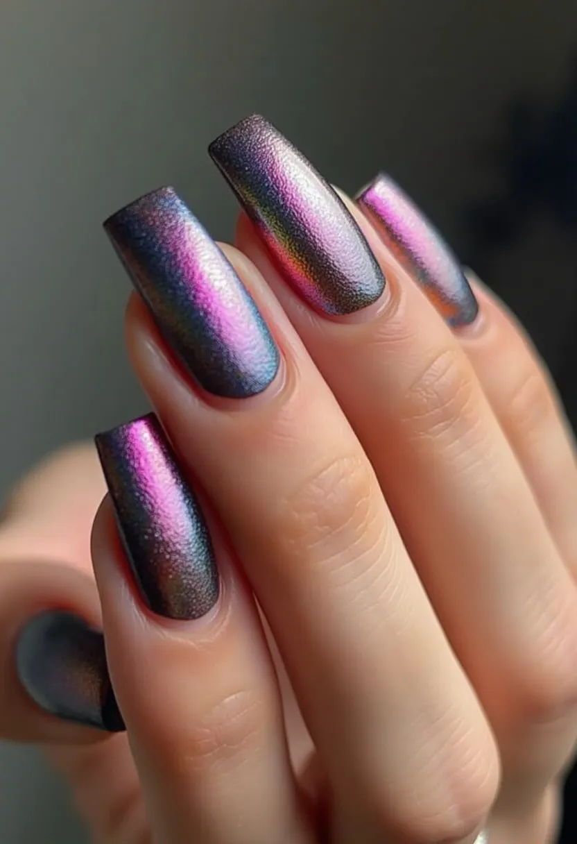 The nails feature a holographic finish that shifts between hues of purple, pink, green, and blue, creating a captivating multi-chromatic effect. They are medium to long in length with a coffin shape, providing a sophisticated and elongated appearance. The nail treatment appears to be gel polish, known for its glossy and durable finish. The iridescent quality of the design suggests a modern, edgy aesthetic suitable for any time of year but particularly striking for festive or celebratory occasions due to its shimmering effect. The overall design exudes a polished and trendy vibe perfect for making a statement.