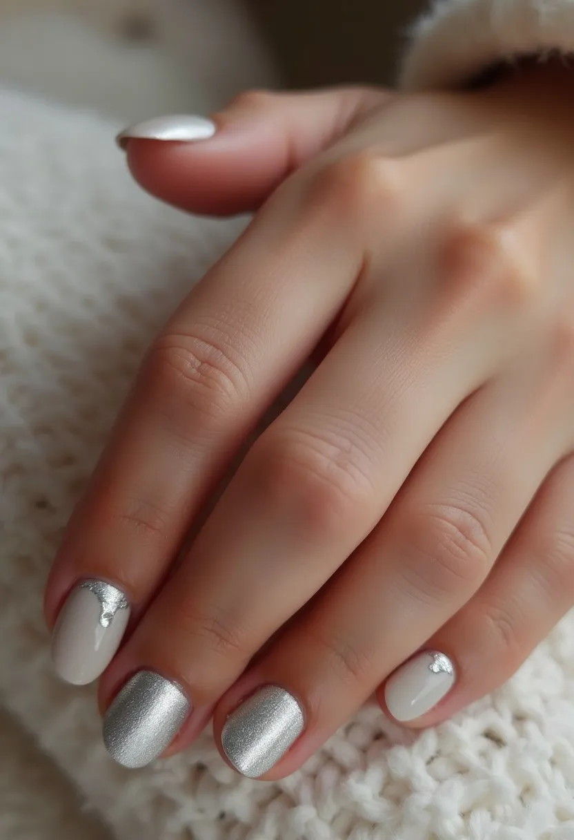 The nail design features a sophisticated and elegant color palette predominantly consisting of soft white and metallic silver. The nails are shaped into a practical and neat short square form, making them both stylish and functional. Two nails are painted entirely in a shimmering silver, while the remaining nails are elegantly adorned with a glossy white base. Intricate silver foil decorations are precisely placed near the cuticles on the white nails, adding a touch of glamor. This manicure appears to be created using a gel treatment, ensuring durability and a high-gloss finish. The design's classy color scheme and subtle yet striking decorations suggest a winter or holiday theme, making it perfect for special occasions during the festive season.