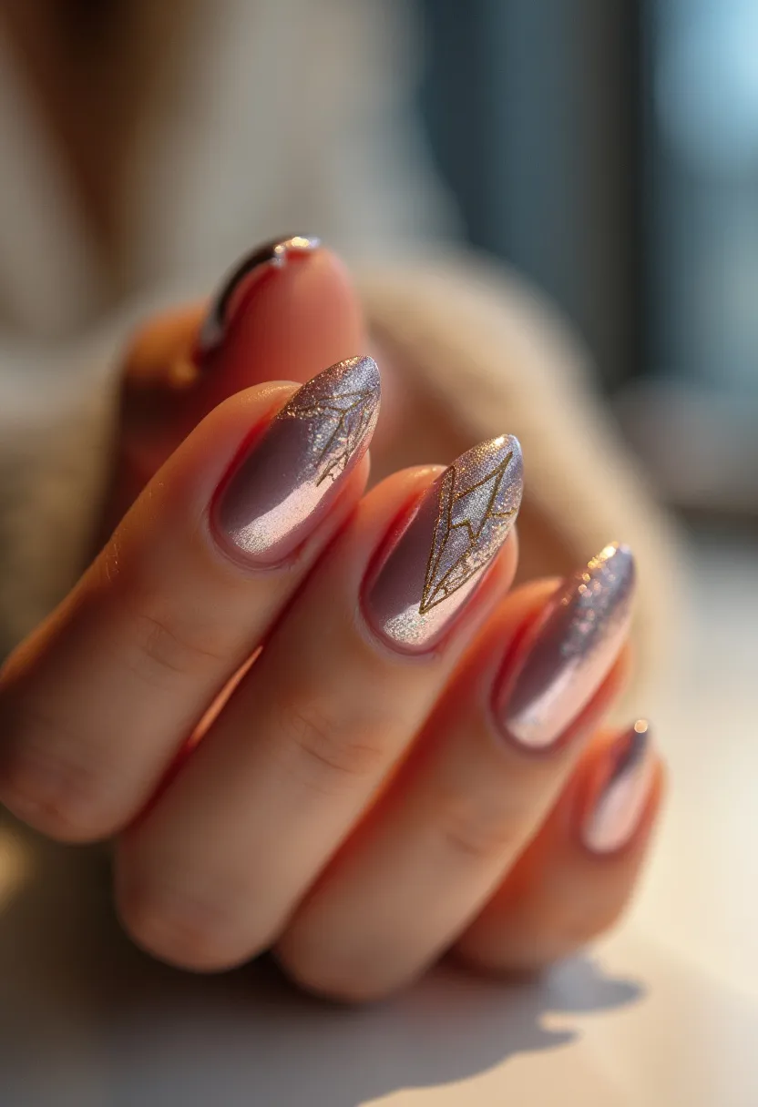 This nail design features an elegant and sophisticated look with an almond shape. The color palette consists of soft, shimmery shades of lilac and silver, creating a delicate and feminine feel. The nails are adorned with intricate geometric patterns, rendered in a fine, metallic gold detailing that adds a touch of luxury and intricacy to the overall design. The treatment appears to be gel, given the high gloss and smooth finish of the nails. These details suggest a chic and stylish look suitable for special occasions or festive seasons.