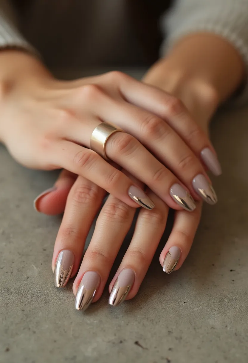 The nails feature a striking and elegant design with a muted, light taupe base color and shiny, metallic chrome tips. The almond shape of the nails enhances the elongating effect on the fingers. The design is sophisticated and modern, showcasing a French manicure with a contemporary twist, where the traditional white tips are replaced with a reflective chrome finish. This intricate pattern is likely achieved using gel polish, which allows for the smooth, glossy appearance and durability required for such designs. The overall style suggests a chic and polished look suitable for special occasions or a stylish everyday statement during any season.