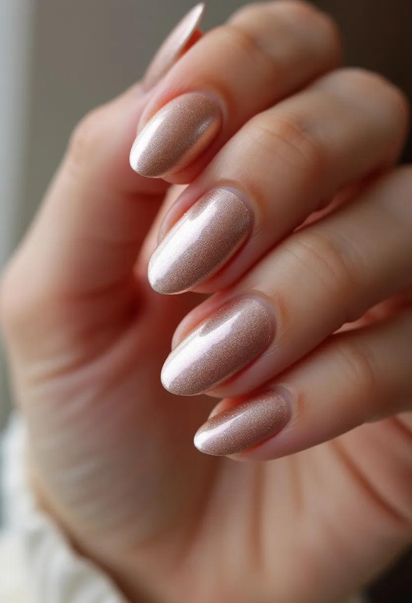 The nail design features a metallic, rose gold color palette that exudes sophistication and elegance. The nails are shaped in a medium-length almond shape, providing a balanced and graceful appearance. This manicure appears to be done with a gel treatment, as indicated by its glossy and smooth finish. There are no intricate patterns or additional decorations, maintaining a minimalist yet chic look. The reflective quality of the rose gold shade suggests it could be a fitting choice for festive occasions, holiday celebrations, or even a glamorous night out. The simplicity and elegance of this design make it suitable for both everyday wear and special events.