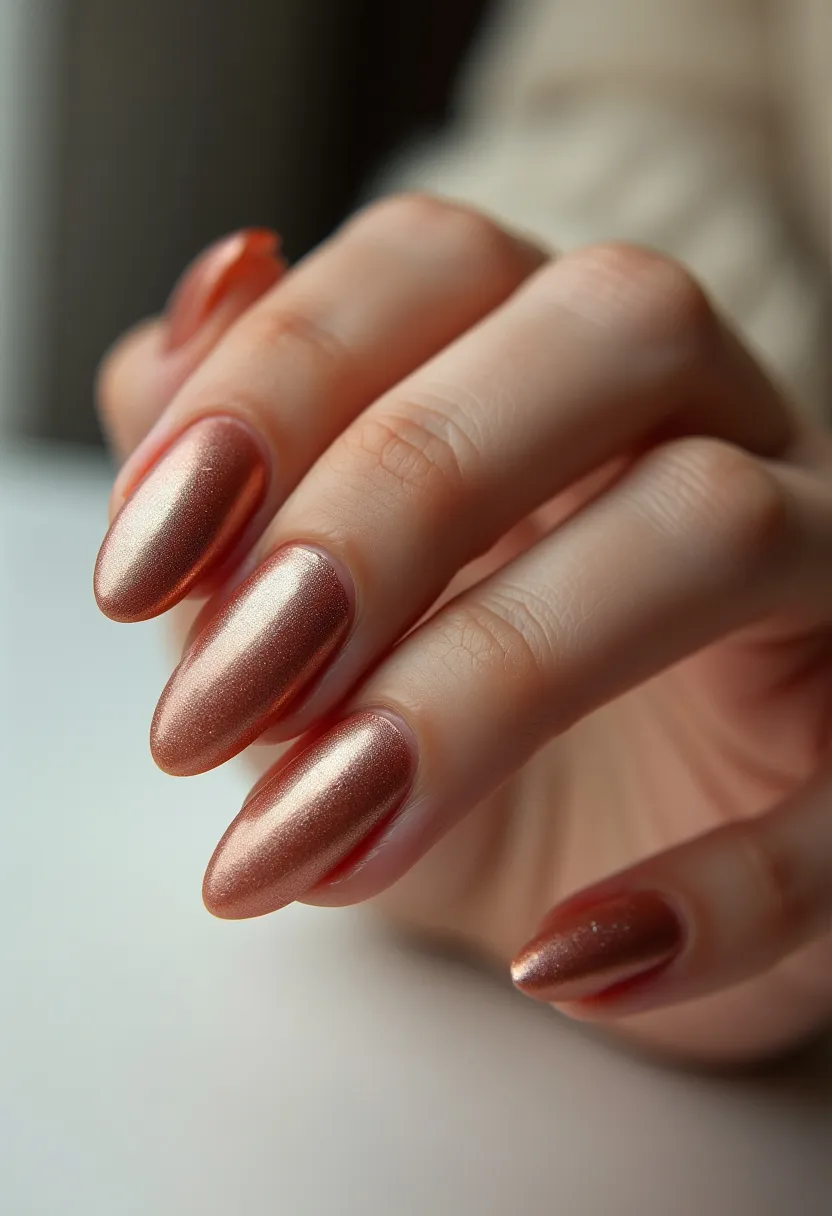 The nail design features a metallic rose gold color palette, providing a sophisticated and stylish look. The nails are shaped into a stiletto form, with a tapered and pointed tip that adds elegance to the overall design. The surface of the nails has a smooth and shiny finish, likely achieved through a gel or shellac treatment, which enhances the durability and gloss of the color. There are no intricate patterns or decorations, allowing the metallic sheen to be the main focal point. This minimalist yet striking design is versatile, suitable for both everyday wear and special occasions. The reflective quality of the polish gives it a festive feel, making it particularly appropriate for celebrations and holiday seasons.