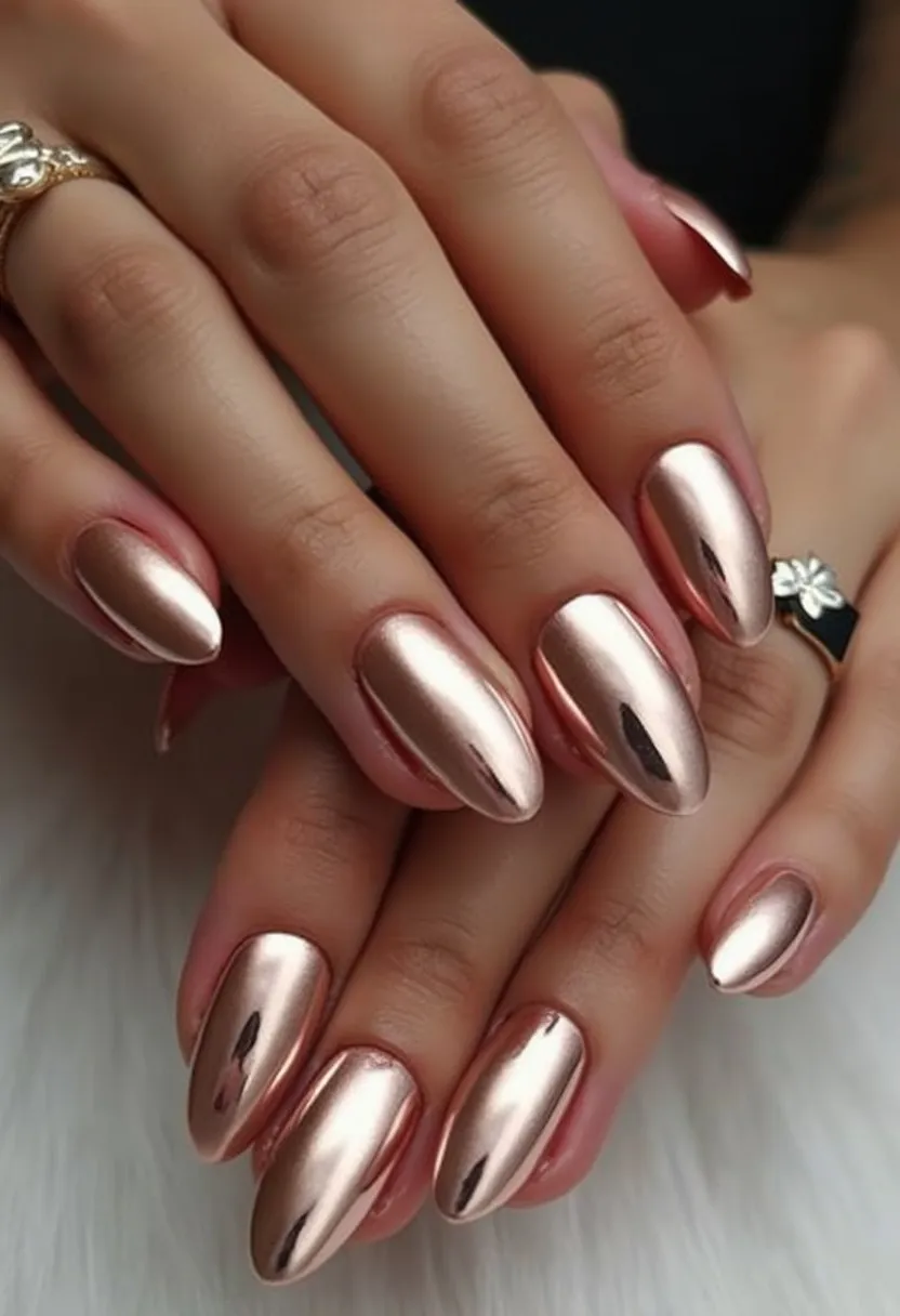 The nail design features an elegant chrome rose gold color palette, creating a striking and sophisticated look. The nails are oval-shaped, adding to the graceful and polished appearance. The chrome finish lends a mirror-like, reflective quality to the nails, suggesting a gel treatment for its smooth and glossy finish. This design is free of any intricate patterns or additional decorations, allowing the unique metallic sheen to be the focal point. The sophisticated rose gold hue and the sleek, reflective quality make this nail design ideal for special occasions, such as weddings, parties, or holiday events.