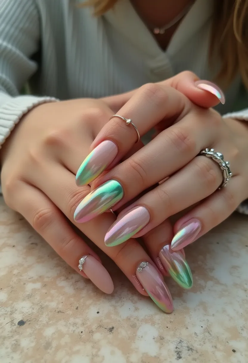 The nail design features long, almond-shaped nails with a captivating, iridescent color palette that includes shades of pink, green, and hints of purple. The nails display an ombre effect, seamlessly blending these colors to create a stunning, reflective metallic finish. This particular look appears to be achieved using gel nail polish, known for its glossy and durable qualities. Two of the nails also include subtle rhinestone embellishments near the cuticles, adding a touch of elegance and sparkle. The overall design is sophisticated and whimsical, suitable for festive occasions or a special event, exuding a mystical, fairy-tale vibe with its shimmering, multi-colored hues.