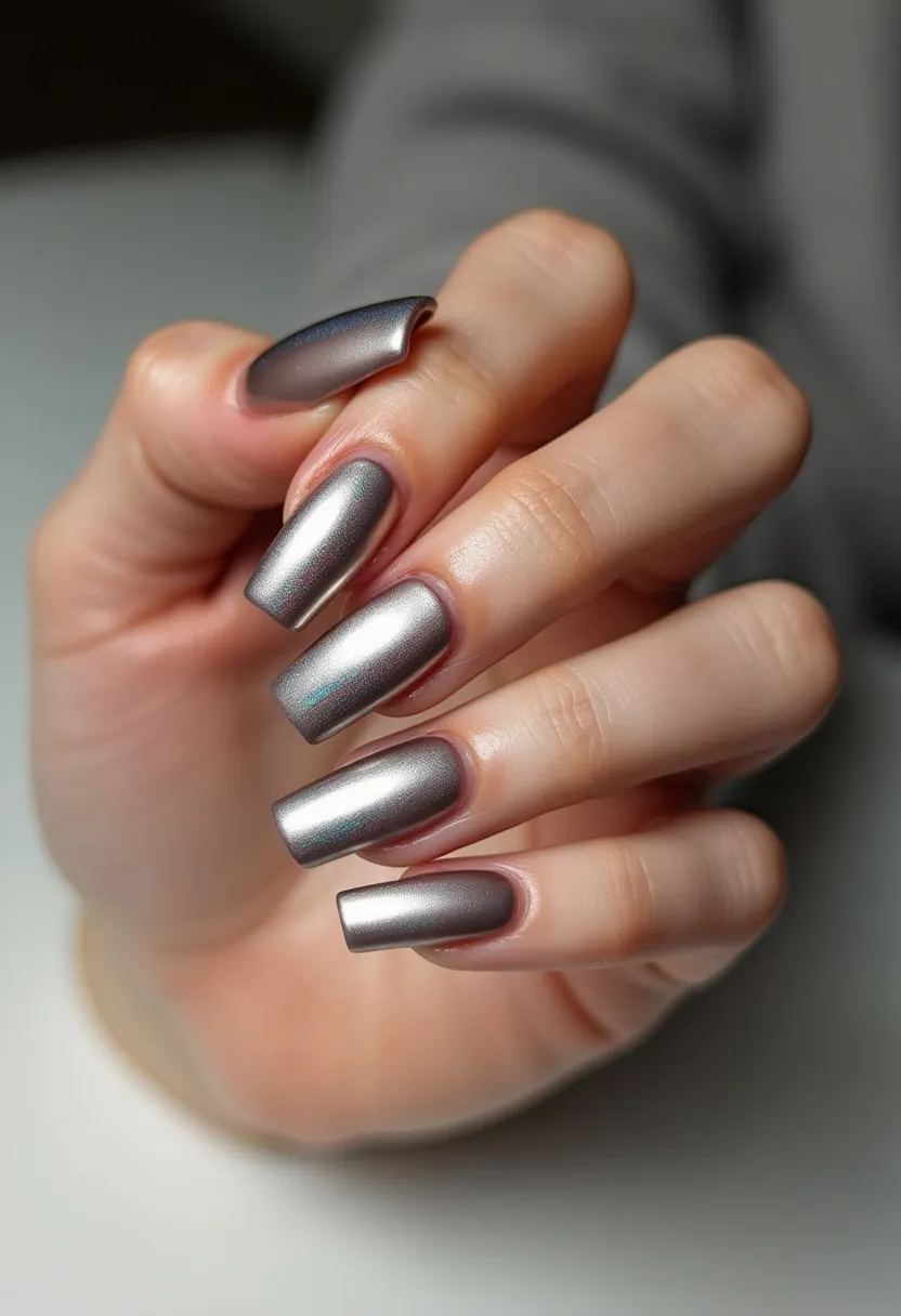 The nail design features a metallic color palette with a sleek, reflective silver finish. The nails are shaped in a coffin style, offering a modern and trendy appearance. The design is clean without any intricate patterns or additional decorations, highlighting the simplicity and elegance of the metallic hue. The high-shine finish suggests the use of gel treatment, known for its durability and glossy effect. With its futuristic and chic vibe, this nail design could be perfect for special occasions such as holiday parties or formal events, fitting well within a winter or New Year's theme.