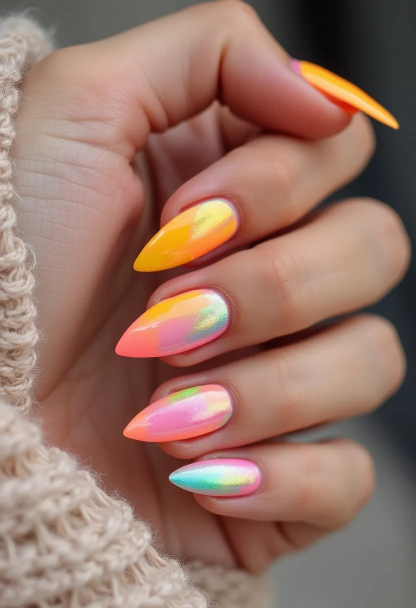 The nail design features a bright and colorful palette with a prominent use of neon shades including vibrant orange, yellow, pink, and hints of shimmery green. The nails are shaped into a pointed stiletto form, giving them a dramatic and edgy appearance. Each nail showcases an intricate gradient pattern where the neon colors blend seamlessly into each other, creating a dynamic, ombre effect. The glossy finish indicative of a gel or possibly a shellac treatment enhances the vibrant hues and gives the nails a polished, high-shine look. This lively and bold design is perfect for summer celebrations, reflecting themes of fun and festivity.