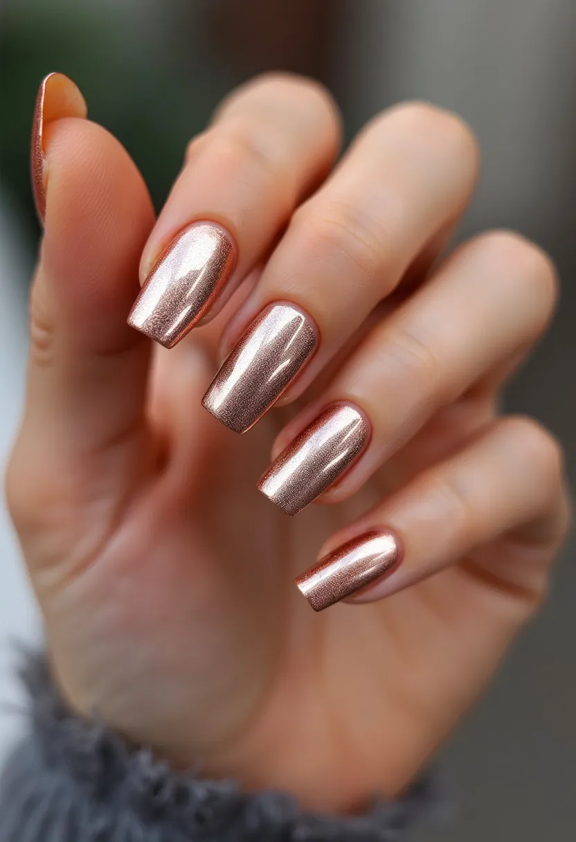 This nail design features a striking metallic rose gold color palette that exudes elegance and sophistication. The nails are shaped in a medium to long coffin style, which enhances the modern and chic look of the manicure. The surface appears smooth and glossy, suggesting a gel or shellac type of nail treatment, both known for their high shine and durable finish. The design is minimalistic without any additional patterns or decorations, which allows the shimmering metallic color to stand out prominently. This manicure is versatile and suitable for both everyday wear and special occasions, making it a perfect choice for any season.