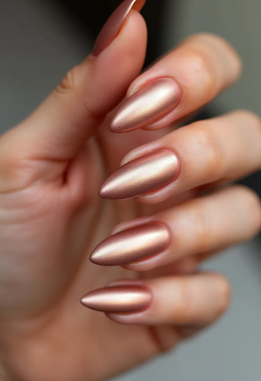 The nail design features an elegant and sophisticated style characterized by a metallic rose gold color palette. The nails are shaped in a sharp, stiletto form, providing a bold and glamorous look. The finish on the nails appears to be smooth and glossy, indicating a gel or acrylic nail treatment. No intricate patterns or decorations are present, allowing the shimmering metallic hue to take center stage. The choice of color and shape suggests a versatile design that could be suitable for special occasions such as parties or holiday events, as well as a fashionable everyday look. The overall appearance is chic and polished, emphasizing a modern and stylish aesthetic.