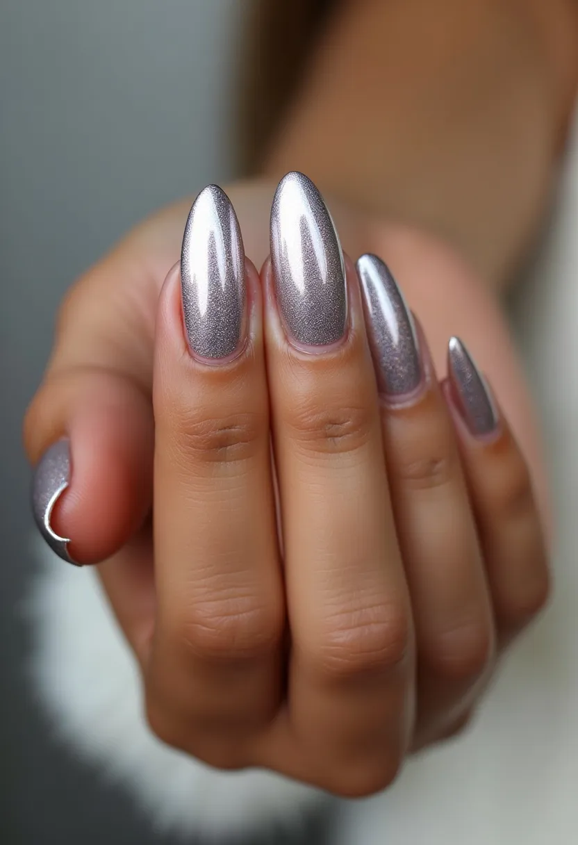 The nail design features a striking metallic chrome finish in a silver hue, showcasing a reflective and sleek appearance. The nails are shaped in a long, almond style, giving a sophisticated and elegant look. This design appears to be achieved using a gel treatment, as indicated by the high-gloss shine and smooth surface. There are no additional intricate patterns or embellishments, allowing the metallic color to stand out prominently. This style is timeless and versatile, making it suitable for various occasions, from formal events to festive celebrations in the winter holiday season due to its glamorous and eye-catching nature.