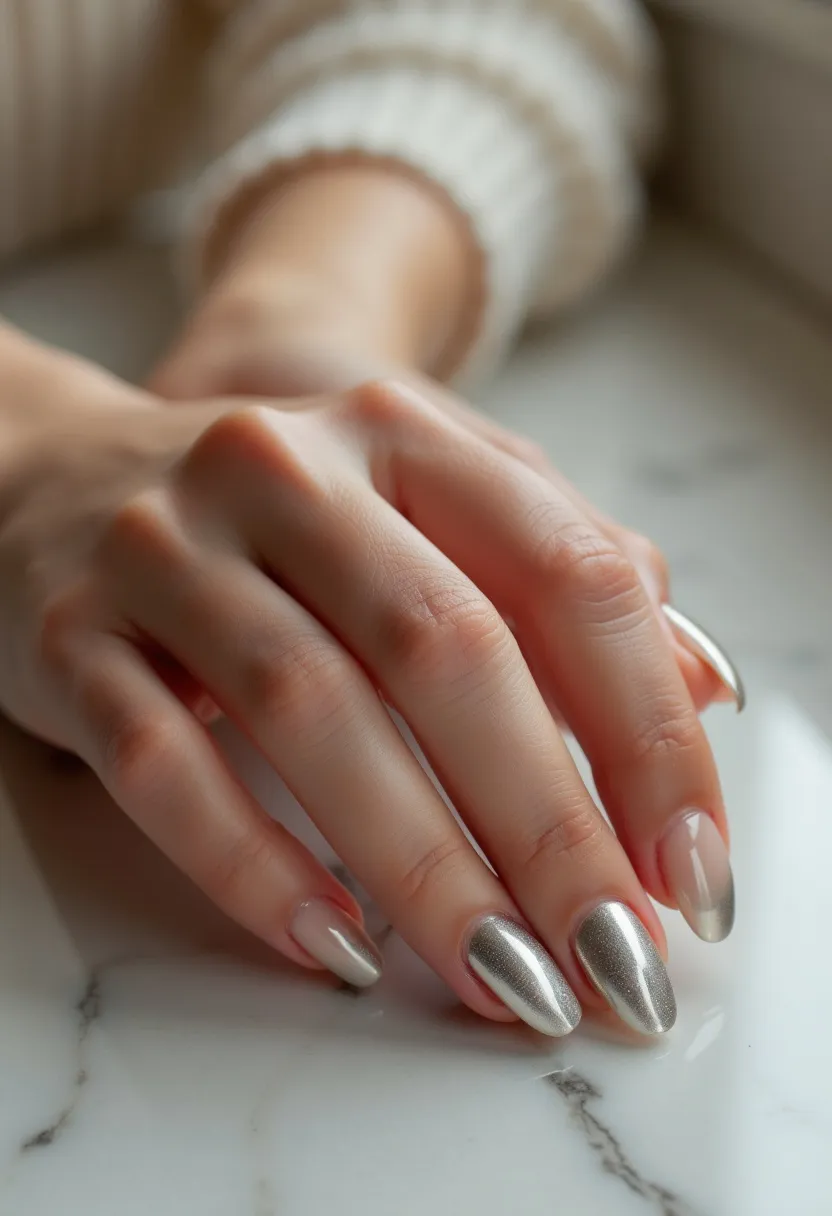 The nail design features a sophisticated blend of metallic silver and nude colors. The nails are almond-shaped, providing an elegant silhouette. The main color palette includes a striking metallic silver polish on some nails, while others exhibit a minimalist nude base with the tips adorned in a matching metallic silver, creating a chic French manicure effect. This design appears to use gel polish, known for its durability and glossy finish. The overall look is sleek and modern, making it suitable for a variety of occasions, from a formal event to everyday wear. The metallic accents lend a festive touch, possibly hinting at a seasonal theme like winter or a special celebration.