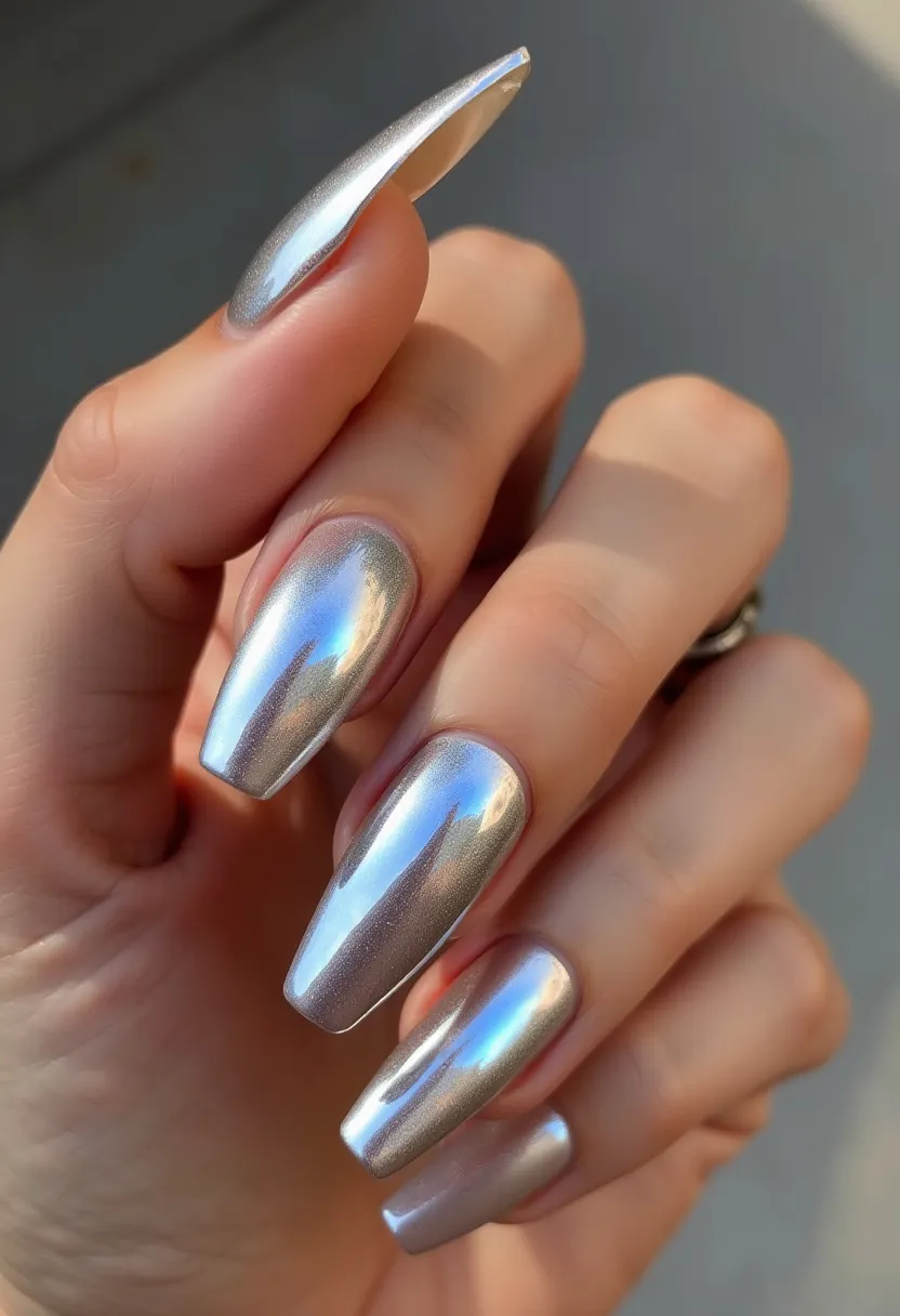 The nail design features a sleek and modern look, characterized by an elongated coffin shape. The nails are coated with a metallic, chrome-like polish that reflects a blend of silver and minor hints of blue iridescence, creating a striking shine and mirror-like finish. The high-gloss, smooth surface suggests a gel or shellac treatment, contributing to the long-lasting and durable appearance. The simplicity and elegance of the design make it suitable for both everyday wear and special occasions, while the shimmering metallic color palette adds a festive and futuristic touch, perfect for winter holidays or festive events. The overall aesthetic is chic and sophisticated, showcasing a minimalist yet attention-grabbing style.