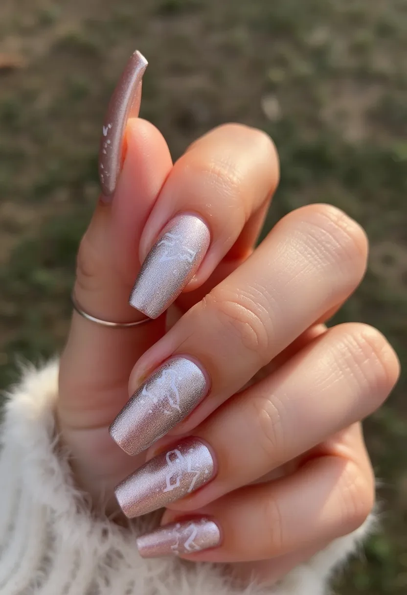 The nail design features a pastel metallic rose gold color palette with a hint of shimmer, providing a soft and sophisticated look. The nails are shaped in a square-oval (squoval) form, giving a balanced and modern appearance. Intricate white patterns are subtly painted on the nails, resembling delicate line art or abstract sketches, adding an artistic flair to the design. This nail treatment appears to be a form of gel polish, given the glossy finish and smooth application. The overall look can be perfect for a chic, everyday style, but also versatile enough for special occasions, such as weddings or formal events. The gentle hues and elegant details make it suitable for any season, particularly for spring or summer.