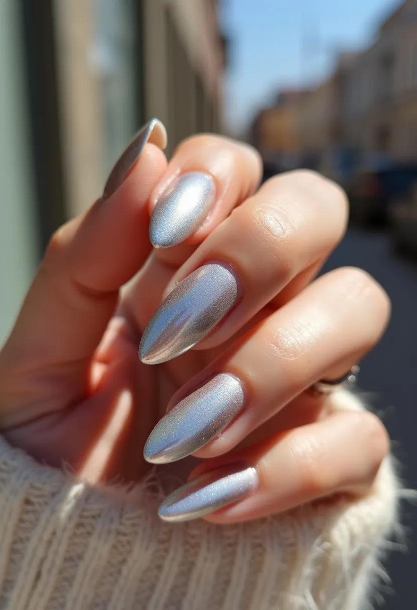 The nail design features almond-shaped nails coated in a striking metallic silver polish, which lends a futuristic and chic appearance. This design appears to use a gel manicure, evident from the high-gloss finish and smooth texture. The reflective nature of the polish suggests a mirror-like chrome effect, adding depth and dimension to the nails. There are no additional decorations or intricate patterns, keeping the design minimalistic yet stunning. The style is versatile, making it suitable for various occasions, be it a formal event, a festive celebration, or simply a statement look for everyday wear. This sleek, modern look is perfect for those who appreciate elegance and sophistication.