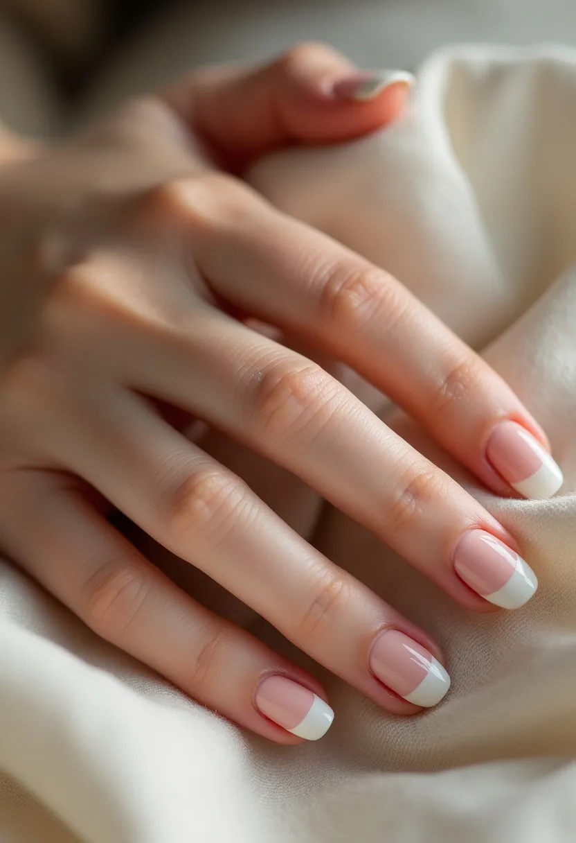 The nail design features a classic French manicure with a soft and elegant color palette. The nails are of medium length with a rounded shape, providing a natural and refined appearance. The nail bed is painted with a sheer, pale pink polish while the tips are accentuated with a crisp white line, highlighting the French manicure style. This design is likely achieved with gel polish for its glossy and durable finish. The manicure exudes a timeless and sophisticated look, suitable for various occasions, from professional settings to weddings and formal events. The simplicity and elegance of the design also make it versatile for any season, maintaining a clean and polished appearance.