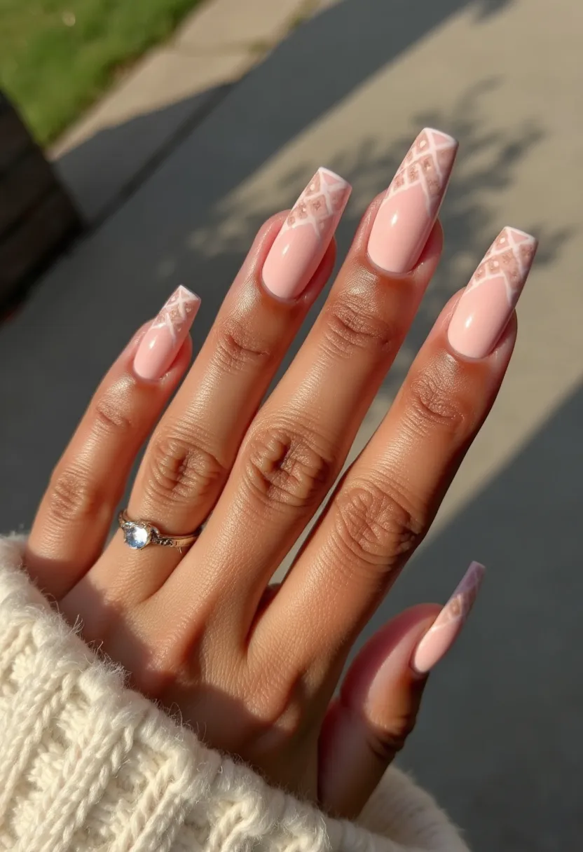 This nail design features a chic and sophisticated color palette dominated by shades of light pink. The nails are shaped in a long, tapered coffin design, which provides an elegant and stylish appearance. Intricate patterns are meticulously painted on the tips, featuring a combination of geometric shapes with a delicate lattice or interwoven pattern in a slightly darker hue of pink. The nails have a glossy finish, indicative of a gel or acrylic treatment, which adds a sleek and polished look to the overall design. This nail art is versatile, suitable for both everyday wear and special occasions, with a subtle, classy aesthetic that can effortlessly transition through different seasons. The intricate designs on the tips add a unique touch, making the nails a statement piece.