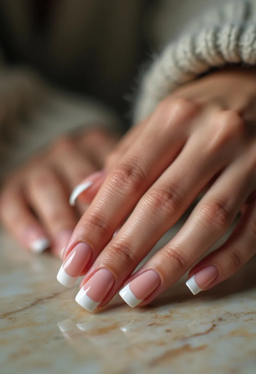 The nail design features a classic French manicure with a palette of soft pink and crisp white. The nails are filed into a squoval shape, combining the elegance of square and oval nails. The design is characterized by the traditional French tip, where the tips are painted a stark white, contrasting beautifully with the light pink base that covers the rest of the nail. The nails appear to be treated with gel, given their smooth, glossy finish, which is a key characteristic of this type of treatment. There are no additional intricate patterns or decorations, making this a timeless and versatile look suitable for any occasion, from everyday wear to special events.