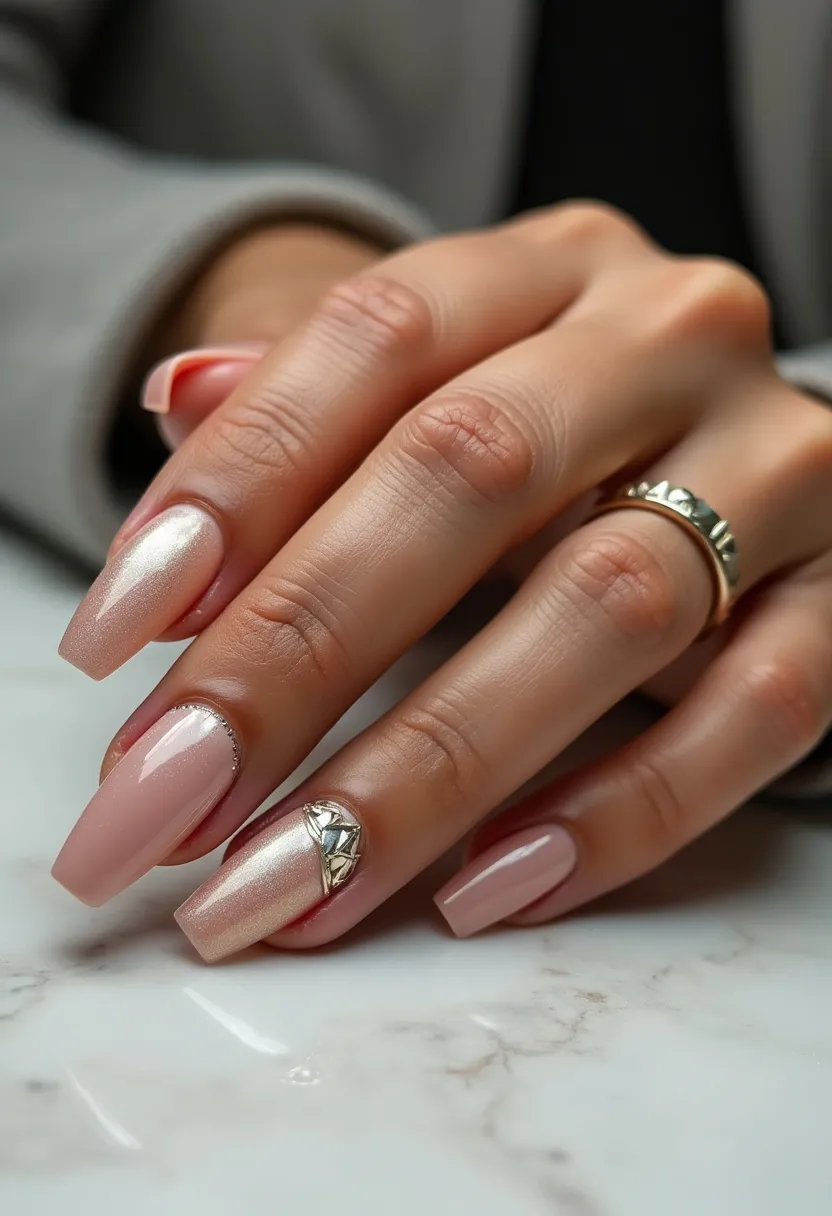 The nail design features a soft, elegant color palette consisting of pale pink and iridescent pearl shades. The nails are medium-length and shaped in a square-oval (squoval) style, which combines the benefits of both square and oval shapes for a classy yet practical look. The nails appear to be treated with gel polish, giving them a glossy, long-lasting finish. Intricate decorative elements include a single accent nail adorned with metallic silver and rhinestone embellishments at the base, adding a touch of glamour. The design is subtle yet sophisticated, suitable for formal occasions or seasonal celebrations, such as a wedding or holiday event.