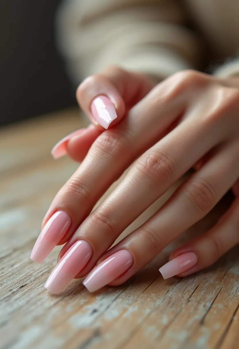 The nail design features long, coffin-shaped nails with a glossy finish. The color palette consists of a delicate pink shade that transitions smoothly into a lighter, almost translucent pink towards the tips, creating an ombre effect. The nails appear to be treated with gel polish, lending them a durable and shiny appearance. This elegant and understated design is perfect for a wide array of occasions, from everyday wear to special events, and has a versatile, timeless appeal. The simplicity and soft hues also suggest a spring or summer theme, aligning well with the fresh and airy vibe of these seasons.