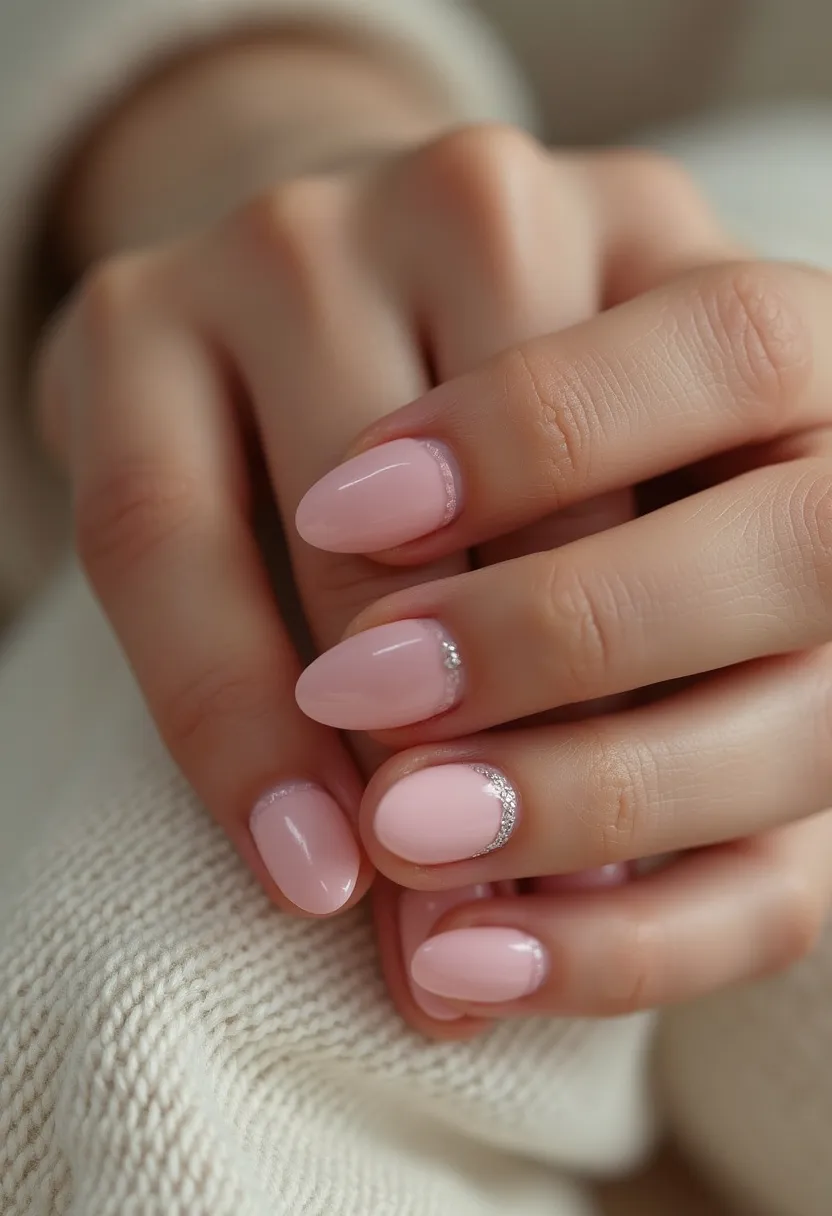 The nail design features a soft pastel pink color palette, presenting a delicate and feminine look. The nails are styled in an almond shape, providing a refined and elegant appearance. Each nail has a subtle yet intricate decoration near the cuticle, consisting of a fine silver glitter band that adds a touch of sparkle and sophistication. The overall look suggests a gel treatment due to the glossy finish that enhances the color’s vibrancy and longevity. This design is well-suited for a variety of occasions, including weddings, baby showers, or even as a versatile everyday look, exhibiting both simplicity and elegance with a hint of festivity.