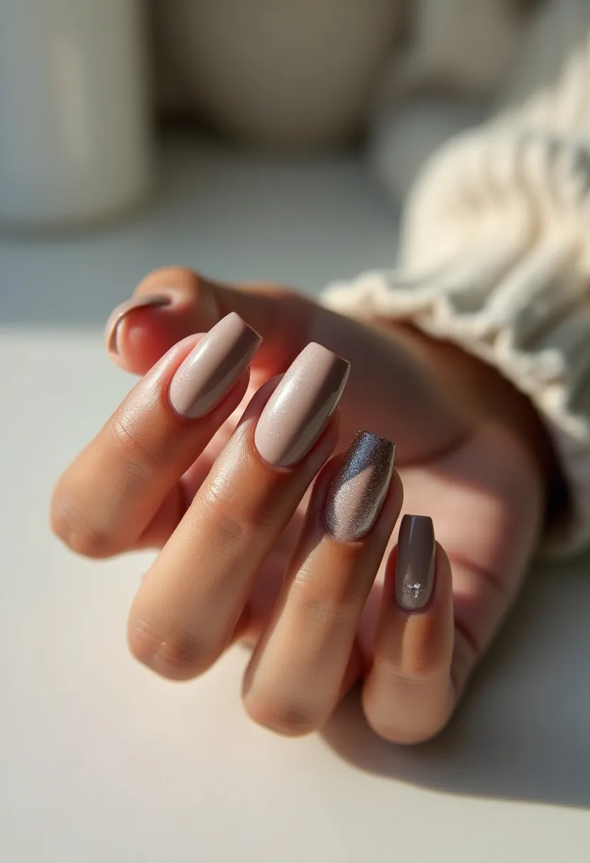 The nail design features a sophisticated color palette predominantly in neutral and earthy tones. The nails are medium to long in length with a square shape. Most of the nails are painted in a soft, matte beige color, providing a calm and elegant base. One accent nail, typically the ring finger, stands out with a shimmering metallic dark grey while the little finger nail showcases a glossy taupe shade adorned with a small, subtle rhinestone. The combination of matte and shimmer finishes suggests a gel or shellac treatment, given the smooth and glossy appearance of the nails. The design is understated yet classy, making it suitable for a variety of occasions, from everyday wear to special events, and seems to align well with the autumn and winter seasons due to its warm and muted color scheme.