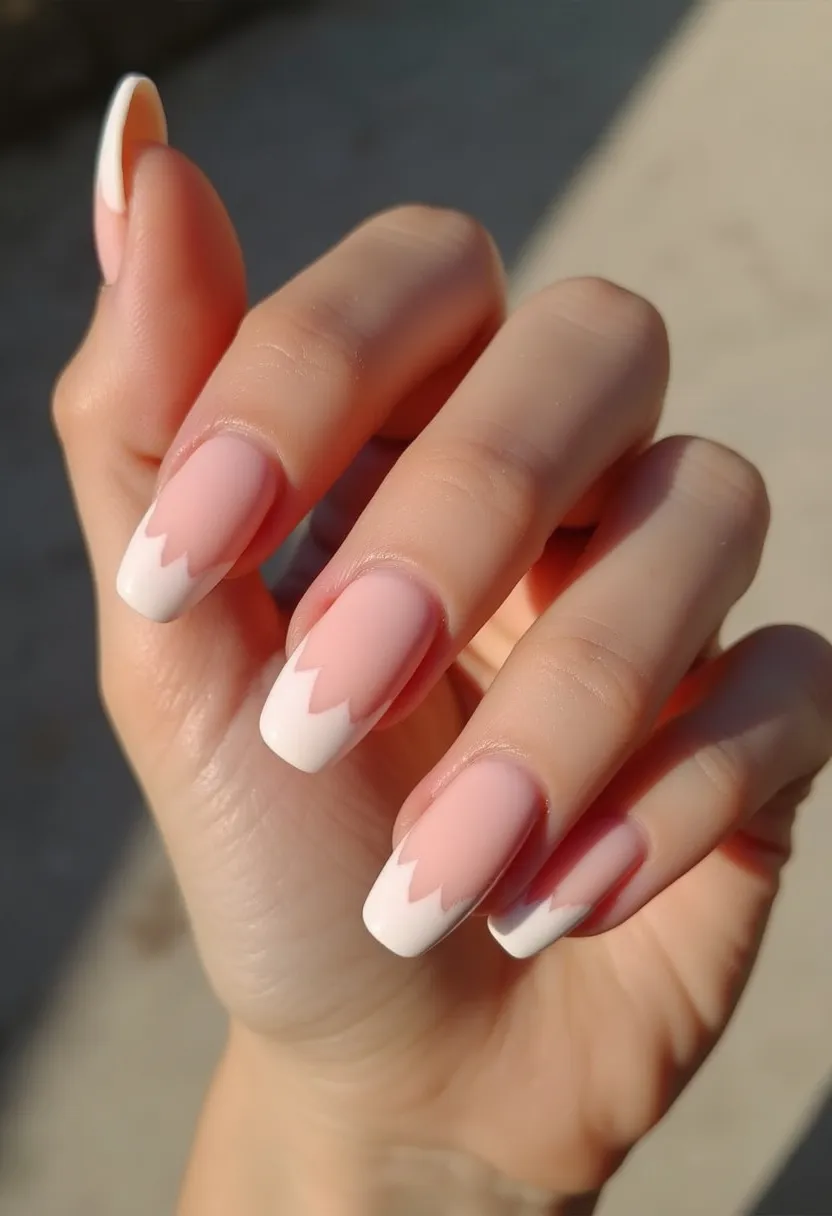 The  nail  design  features  a  pink  and  white  color  palette,  with  the  pink  nail  polish  covering  the  majority  of  the  nail  and  the  white  polish  creating  a  heart  shape  on  the  nail.  The  nails  are  shaped  in  a  square  shape,  and  the  nail  treatment  appears  to  be  a  gel  nail  polish.  The  design  is  simple  yet  elegant,  making  it  suitable  for  various  occasions  or  as  a  personal  style  choice.