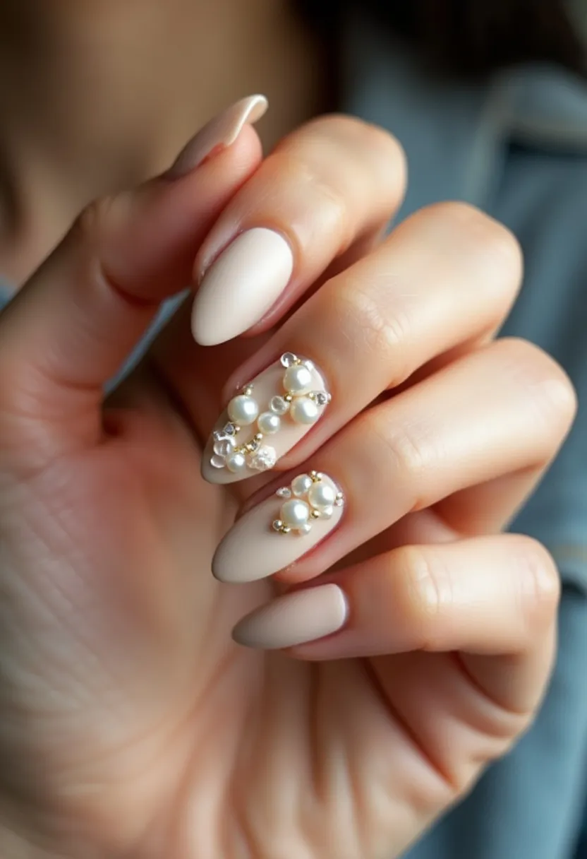 The  nail  design  features  a  pale  pink  nail  color,  with  a  white  pearl  decoration  on  the  nail.  The  nails  are  shaped  in  a  natural,  oval  shape.  The  nail  treatment  appears  to  be  a  gel  or  acrylic  nail,  providing  a  long-lasting  and  durable  finish.  The  white  pearl  decoration  adds  a  touch  of  elegance  and  sophistication  to  the  overall  look.