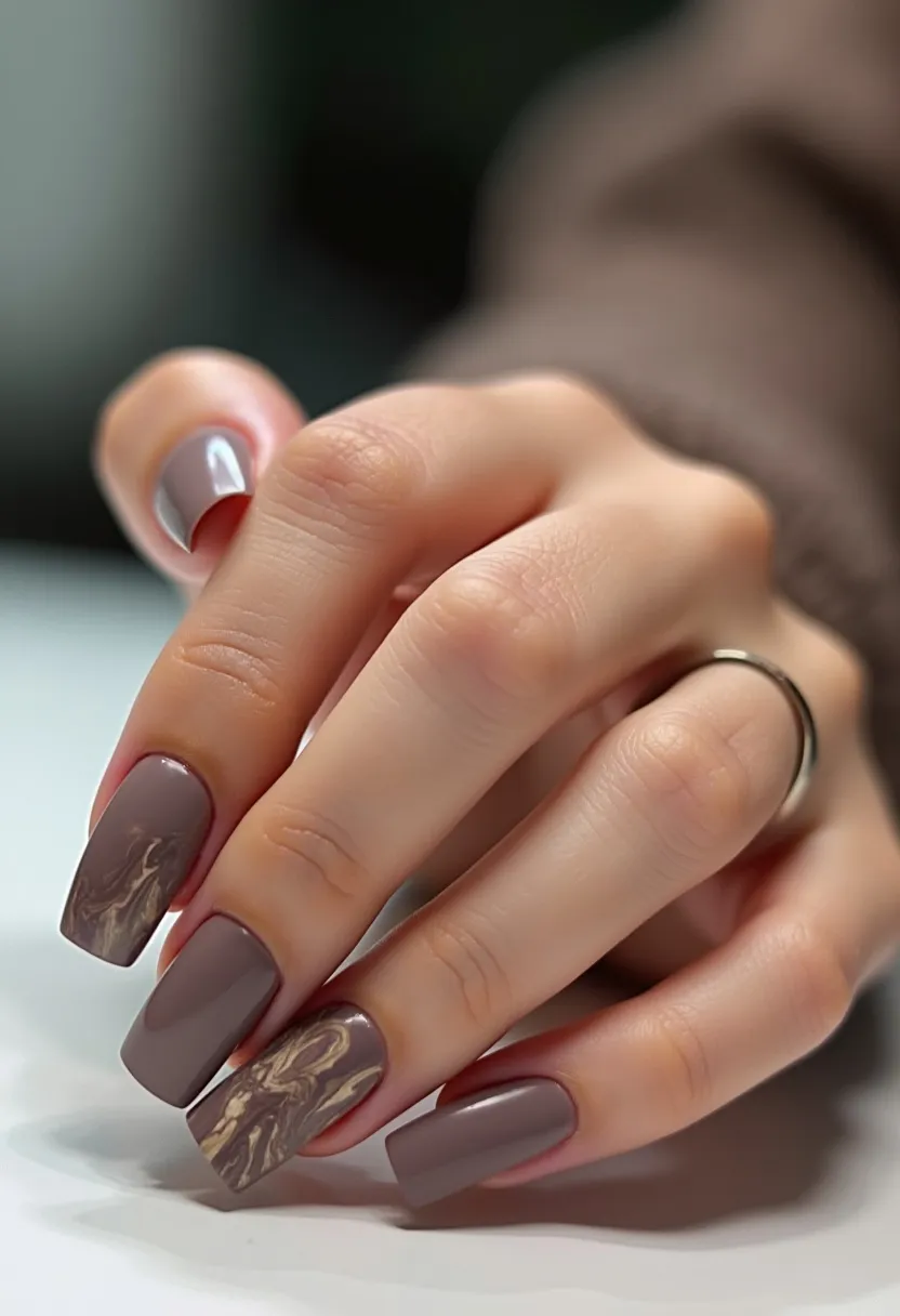 The  nail  design  features  a  woman's  hand  with  a  pinky  finger  painted  with  a  gold  and  brown  color  palette.  The  nails  are  shaped  in  a  square  shape,  giving  them  a  unique  and  stylish  appearance.  The  nail  treatment  used  is  acrylic,  which  provides  a  long-lasting  and  durable  finish.  The  intricate  patterns  and  decorations  on  the  nails  add  a  touch  of  elegance  and  sophistication  to  the  overall  design.