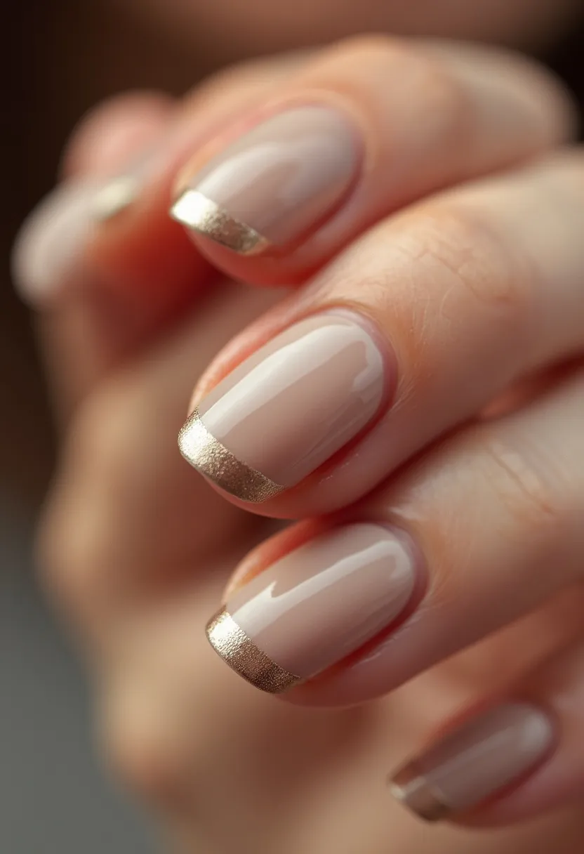 The  nail  design  features  a  pink  nail  color  with  a  gold  stripe  or  gold  foil,  giving  it  a  unique  and  elegant  appearance.  The  nails  are  shaped  in  a  short,  rounded  style.  The  nail  treatment  appears  to  be  a  gel  or  acrylic  nail,  which  is  known  for  its  durability  and  long-lasting  nature.  The  combination  of  pink  and  gold  creates  a  sophisticated  and  stylish  look,  making  it  suitable  for  special  occasions  or  seasonal  themes.