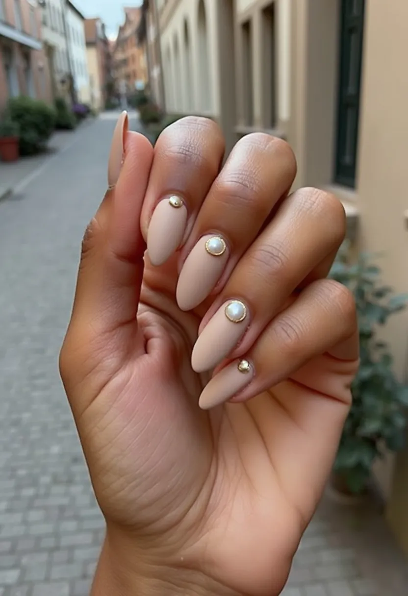 The  nail  design  features  a  neutral  color  palette,  with  the  nails  painted  in  a  light  beige  or  peach  shade.  The  nails  are  long  and  have  a  slightly  curved  shape,  giving  them  a  natural  and  elegant  appearance.  There  are  no  intricate  patterns  or  decorations  on  the  nails,  but  they  are  adorned  with  small  pearl  accents,  adding  a  touch  of  sophistication  and  sparkle  to  the  overall  look.  The  nails  are  likely  to  be  acrylic  or  gel  nails,  as  they  are  well-shaped  and  have  a  smooth,  polished  finish.