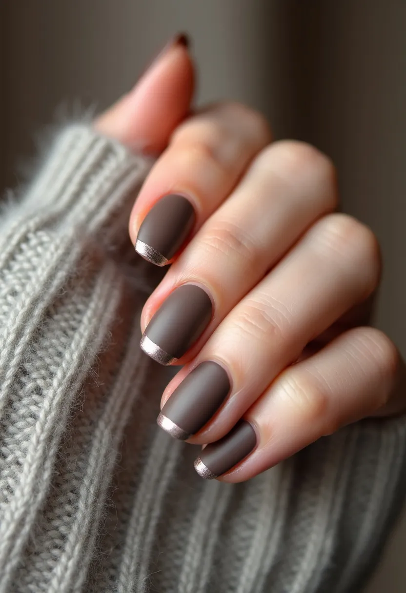 The  nail  design  features  a  woman  with  a  dark  brown  nail  polish  on  her  fingernails.  The  nails  are  shaped  in  a  short,  rounded  style.  The  nail  polish  appears  to  be  a  gel  or  acrylic  treatment,  providing  a  smooth  and  even  finish.