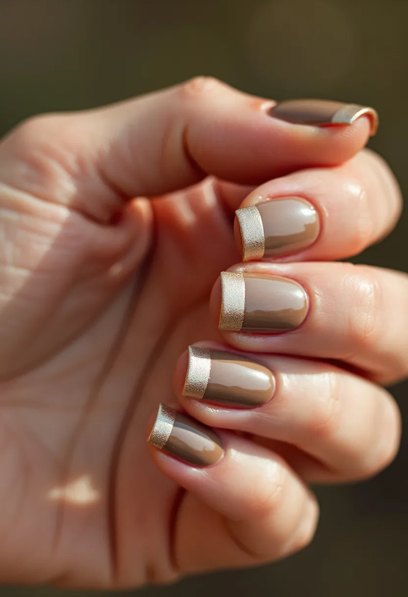 The  nail  design  features  a  woman's  hand  with  a  gold  and  brown  nail  polish.  The  nails  are  painted  in  a  neutral  color  palette,  giving  them  a  sophisticated  and  elegant  appearance.  The  shape  of  the  nails  is  well-maintained,  and  there  are  no  intricate  patterns  or  decorations  visible  in  the  image. The  nails have a classic  and  timeless  style.