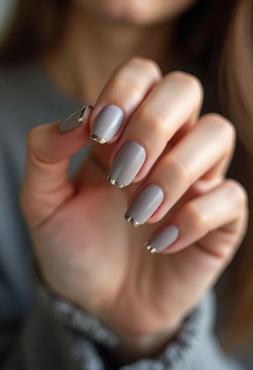 The  nail  design  features  a  woman's  fingernails  painted  in  a  light  grey  color.  The  nails  are  shaped  in  a  natural,  rounded  shape.  There  are  no  intricate  patterns  or  decorations  on  the  nails.  The  nails  are  likely  treated  with  a  gel  or  acrylic  nail  application,  as  they  appear  to  be  well-maintained  and  smooth.  The  nail focuses  on  a  simple  and  elegant  color  choice.