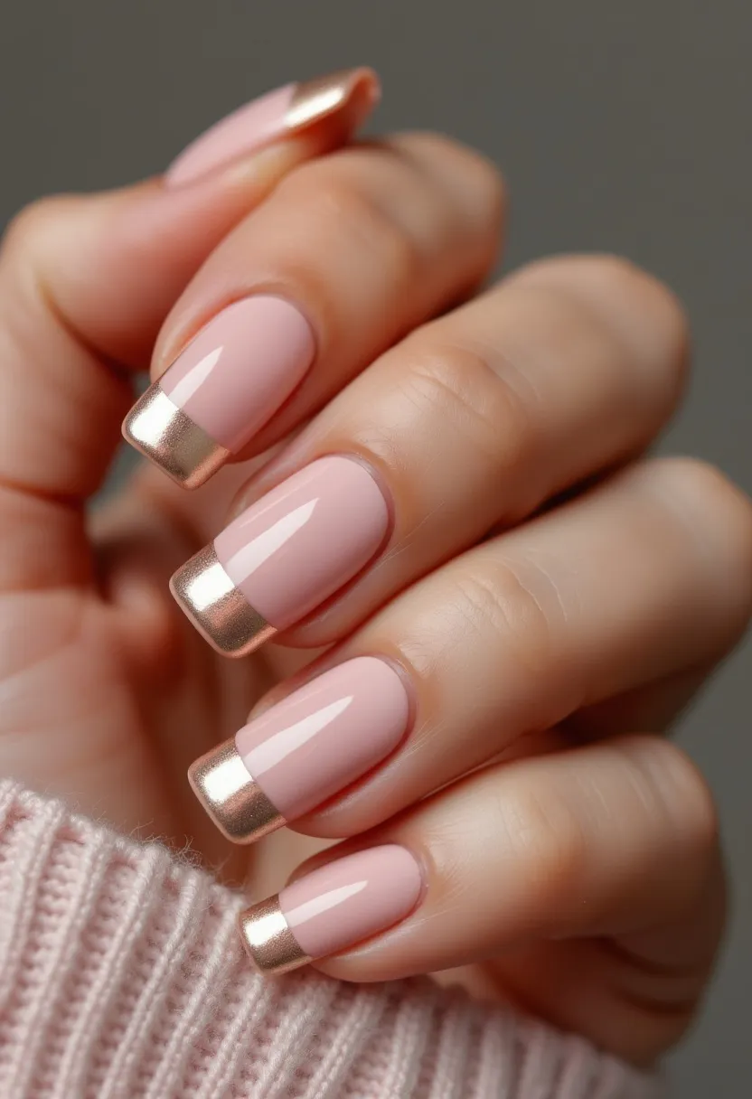 The  nail  design  features  a  pink  nail  color  with  a  gold  accent  on  the  tip  of  the  nail.  The  nails  are  long  and  have  a  slightly  curved  shape.  The  nail  treatment  appears  to  be  a  gel  or  acrylic,  as  it  is  well-defined  and  has  a  smooth  finish.  The  gold  accent  adds  a  touch  of  elegance  and  sophistication  to  the  overall  design.