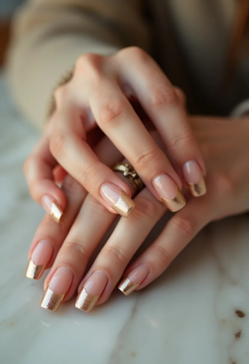 The  nail  design  features  gold  and  pink  nail  polish,  with  gold  accents  on  the  tips  of  the  nails.  The  nails  are  shaped  in  a  long,  pointed  style.  The  nail  treatment  appears  to  be  a  combination  of  gel  and  acrylic,  as  the  nails  are  both  long  and  shiny.  The  design gives  off  a  luxurious  and  elegant  vibe.