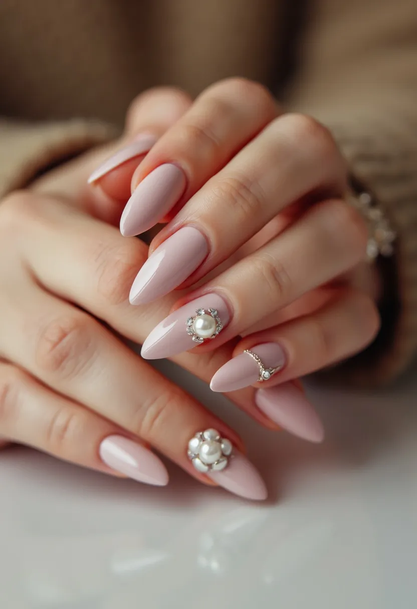 The  nail  design  features  a  pink  nail  color  palette,  with  a  long  and  slender  shape.  The  nails  are  adorned  with  intricate  patterns  and  decorations,  including  pearl  accents  and  a  flower  design.  The  nails  are  also  embellished  with  small  diamond-like  decorations,  adding  a  touch  of  elegance  to  the  overall  look.  The  nails  appear  to  be  treated  with  gel,  which  provides  a  long-lasting  and  smooth  finish.  The  combination  of  pink  nail  polish,  pearl  accents,  and  diamond-like  decorations  creates  a  sophisticated  and  stylish  appearance,  suitable  for  special  occasions  or  as  a  seasonal  trend.