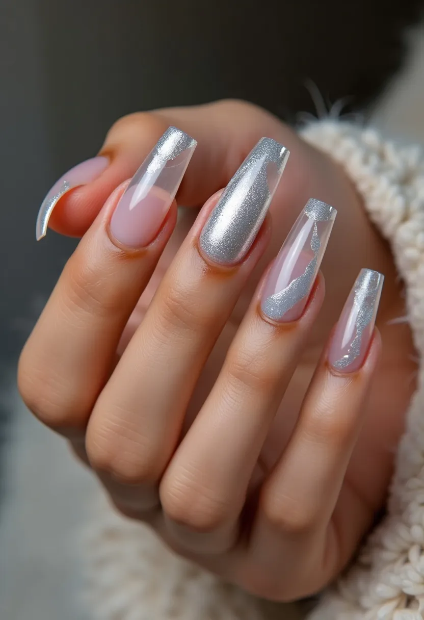 The nail design features long, coffin-shaped nails with a sophisticated color palette of silver and a natural sheer pink base. The nails appear to have a gel treatment, giving them a glossy and smooth finish. Each nail showcases intricate silver patterns on the tips and some on the entire nail, including wavy designs and full silver coverage. These patterns add a modern and elegant touch, making them suitable for formal occasions or holiday celebrations. The shimmering silver provides a festive, yet classy look, appropriate for winter or New Year's events.