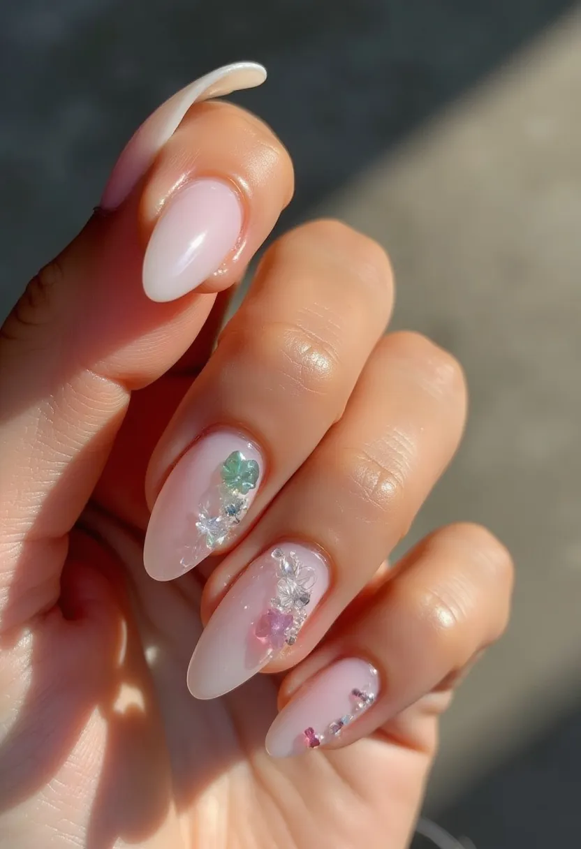 The nail design features a soft, pale pink color palette with an elegant, almond shape. The nails are adorned with intricate, three-dimensional floral decorations and rhinestones in various pastel shades, including green, pink, and silver. The embellishments appear to be carefully placed along one side of each nail, creating a delicate and sophisticated look. The treatment used for this design likely includes gel for a smooth, glossy finish and to secure the decorative elements. This design exudes a spring or summer vibe and would be ideal for special occasions such as weddings or garden parties due to its refined and festive appearance.