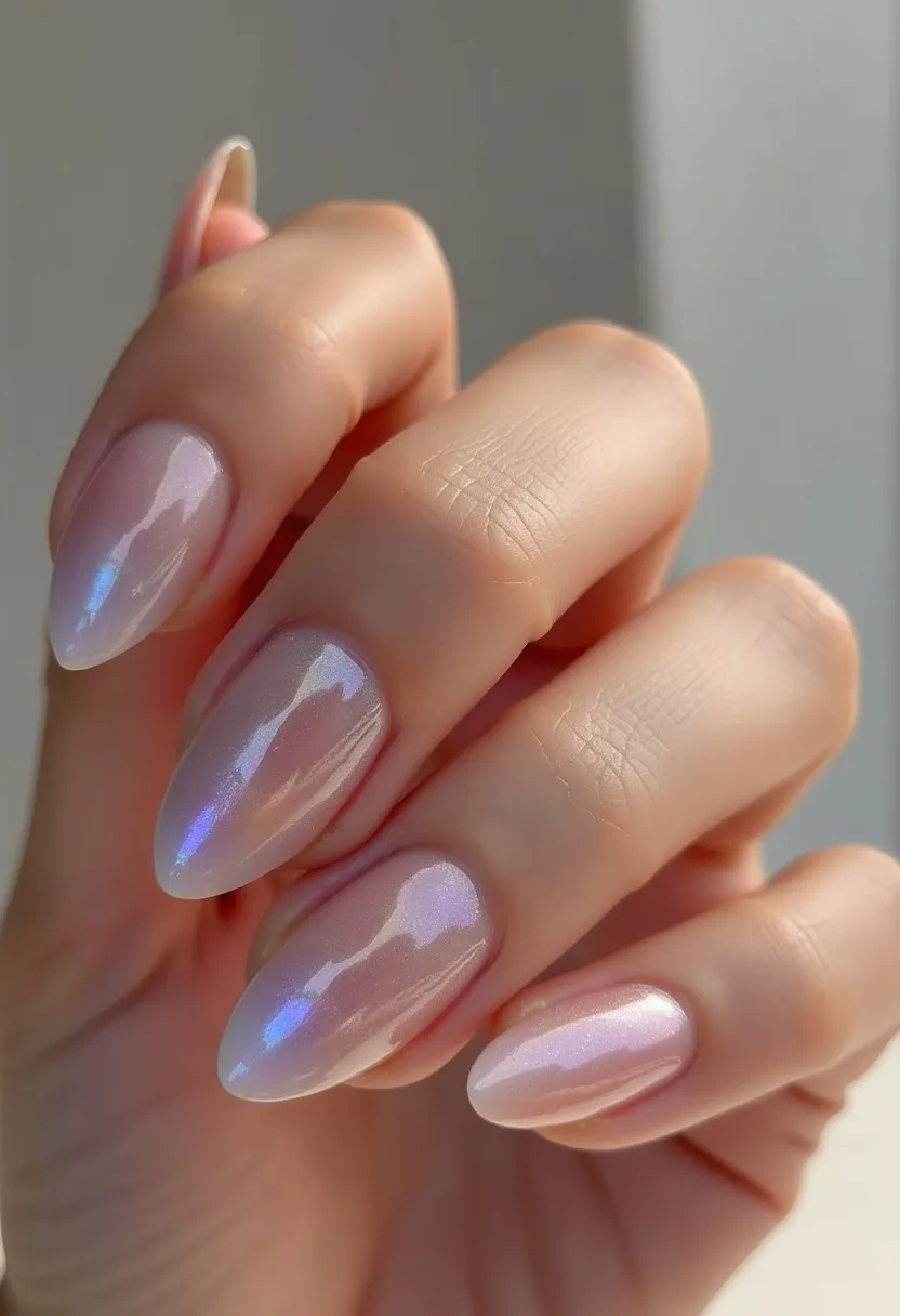 The nail design features a predominantly iridescent, light pink color palette with a subtle hint of purple shimmer, giving a delicate, feminine appearance. The nails are shaped in a long, almond style, which adds elegance and sophistication. The finish appears to reflect a gel treatment due to its glossy, smooth surface and durable look. Unique details include the glossy, holographic effect that catches the light, imparting an ethereal glow to the nails. This design is versatile and can be suitable for various occasions, though it particularly lends itself to spring or wedding themes due to its soft, luminescent quality and pastel hues.