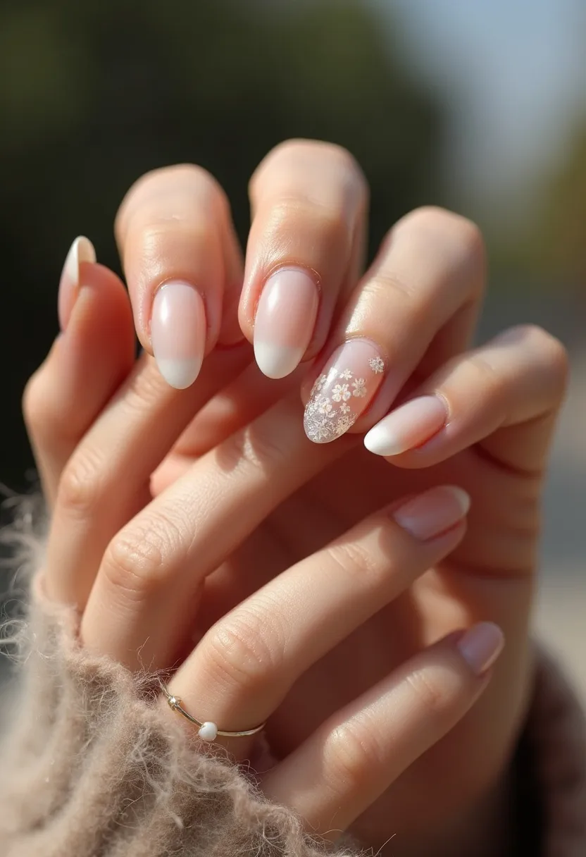 The nail design features a classic French manicure with a soft, natural pink base and crisp white tips, indicative of a timeless and elegant look. The nails are almond-shaped, providing a gentle, graceful silhouette. The accent nail includes delicate white floral patterns, adding a subtle touch of intricacy and charm. This particular design appears to be done using gel polish, offering a glossy and durable finish. The floral elements suggest a gentle, pastel theme that could be suitable for spring occasions or formal events such as weddings. Overall, the design is refined and sophisticated, with a hint of seasonal flair.