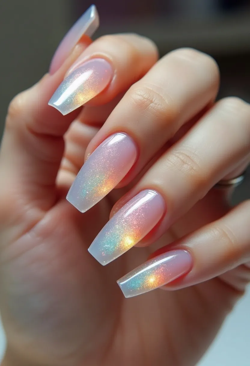 The nail design features long, coffin-shaped nails adorned with a stunning iridescent color palette that transitions between soft pastel hues and shimmering holographic effects. The nails are likely treated with gel polish to achieve the high-gloss finish and long-lasting wear. Intricately, the nails display a blend of translucent pink with bursts of luminescent colors like blue, yellow, and green, creating a captivating, multi-dimensional look. The shimmering effect of the nails suggests a festive and ethereal theme, potentially suitable for special occasions or celebrations, adding a magical touch to the overall appearance.