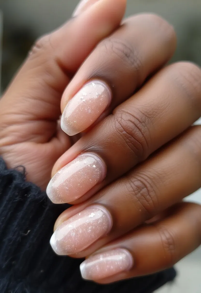 This nail design features a soft, elegant color palette with a base of pale nude or light pink, embellished with a subtle shimmer that adds a touch of sparkle. The nails are medium-length with a rounded almond shape, providing a sophisticated and gentle appearance. The treatment appears to be gel-based, providing a smooth, glossy finish that enhances the overall look. There are no intricate patterns or decorations beyond the shimmer, keeping the design minimalist yet chic. The shimmering effect gives the nails a wintery, frosted appearance, making them suitable for the winter season or festive occasions. This design is timeless and versatile, suitable for both casual and formal settings.